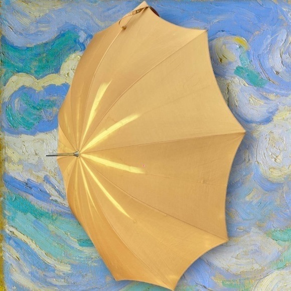 Vintage Tan Acrylic With Tinsel Glitter Hook Handle Mid Century Pagoda Umbrella - Picture 9 of 13